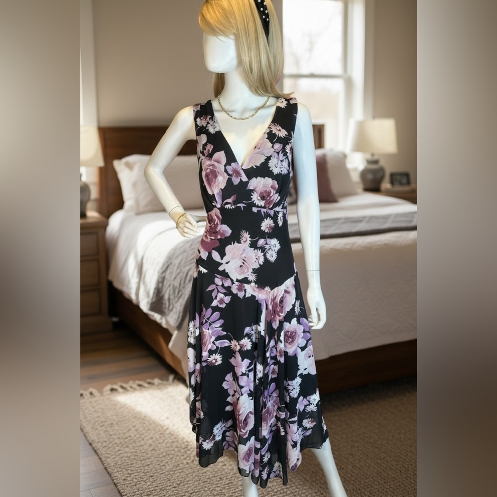 connected apparel Black Maxi Dress with Pink & Lavender Floral Print